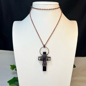 Wire Wrapped Amethyst & Obsidian Crystal Cross Necklace